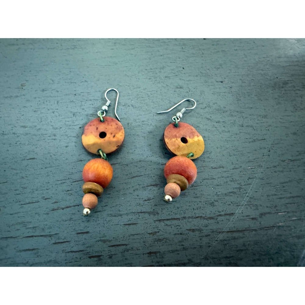 Handmade Wooden Drop Earrings Boho Tiered Bead Dangle Orange Yellow Natural Wood